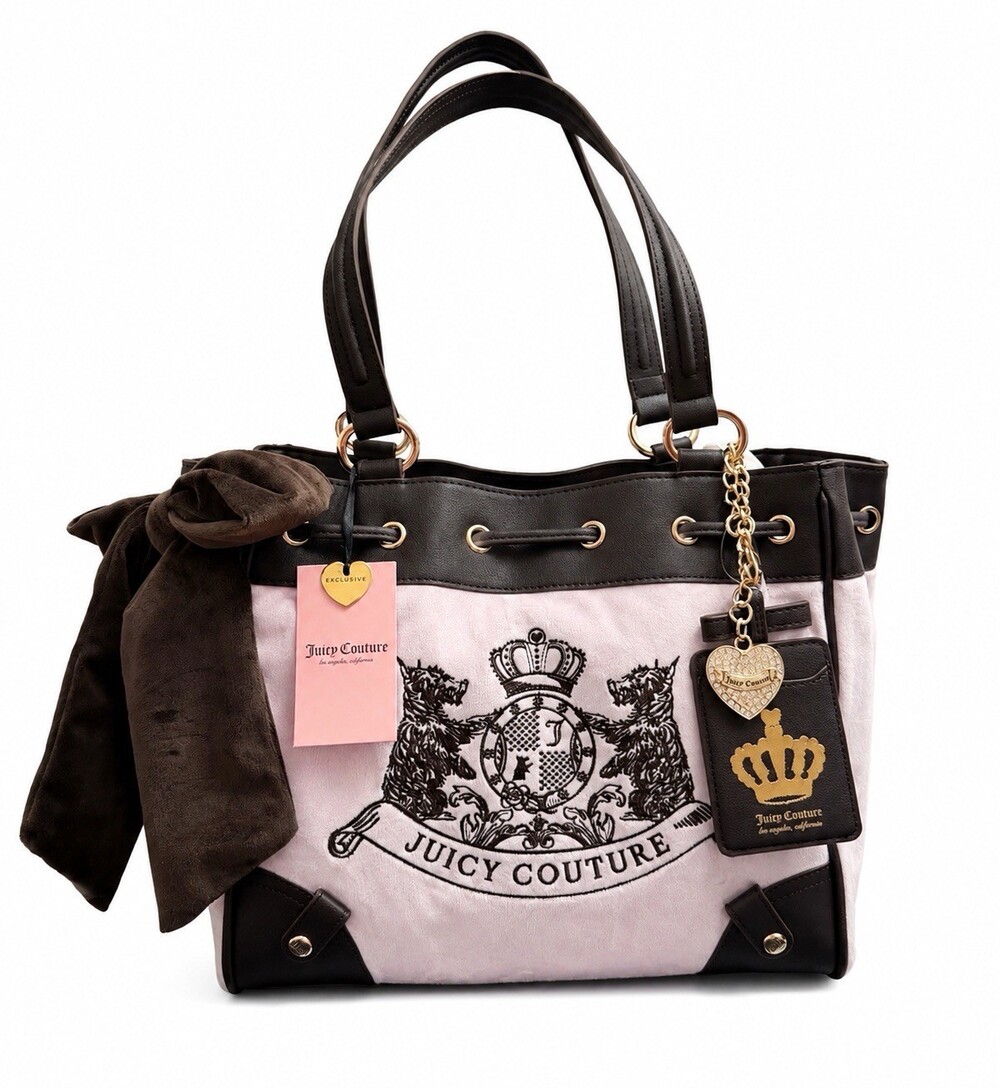 Juicy Couture Pink & Black Large Tote Shoulder Bag Crown Logo Charm Drawstring
